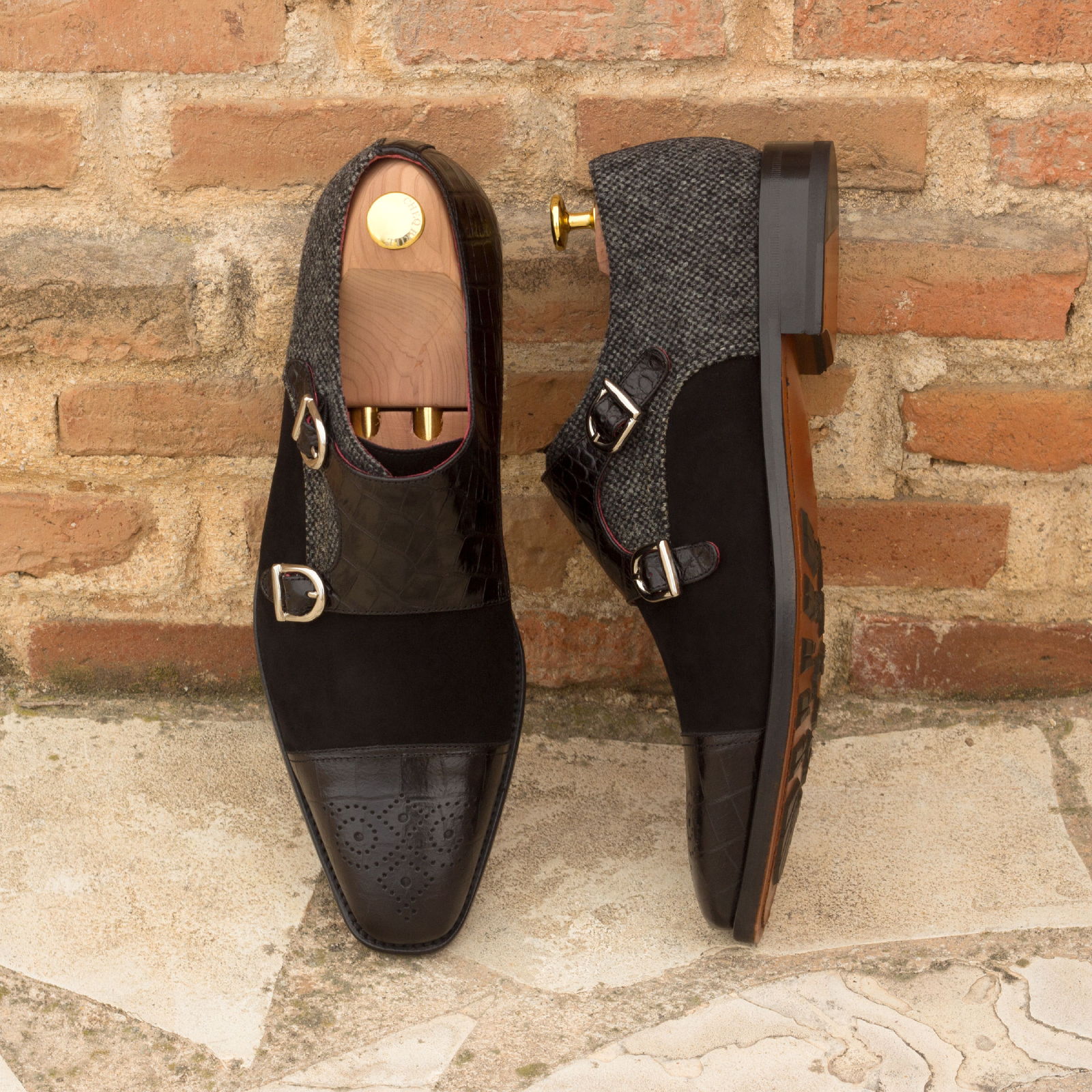 Black suede double monk strap shoes online